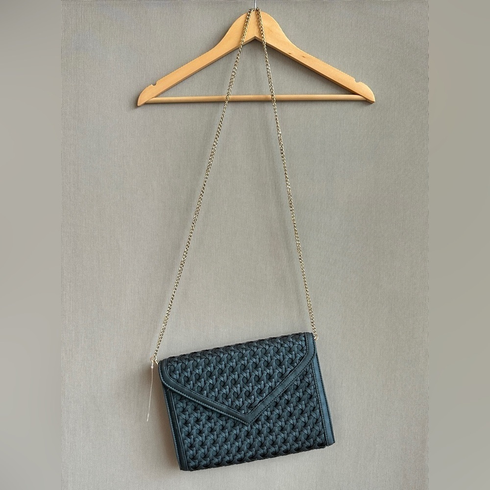 Woven Vegan Leather Envelope Crossbody Bag Blue Gold Chain Evening Purse - Picture 4 of 9